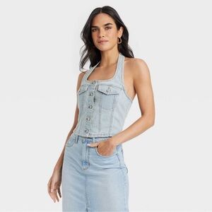 Women's Cropped Sleeveless Denim Halter Shirt